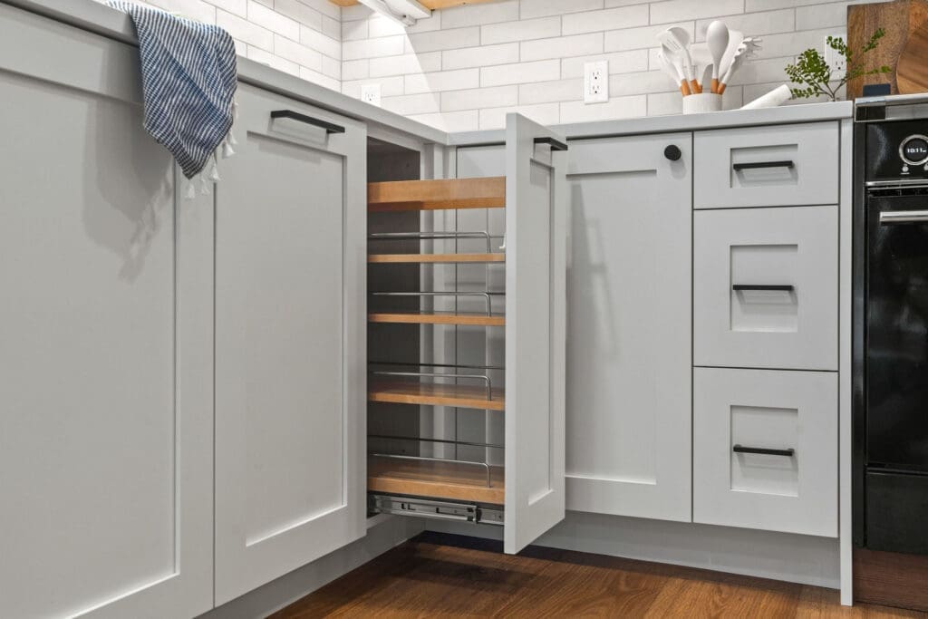 cabinets with opened drawers